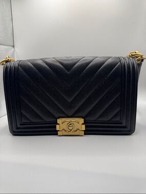CHANEL Black Chevron Quilted Boy Small Shoulder Bag with Gold Hardware